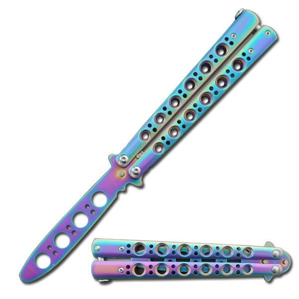 Rainbow Ti-Coated Skeleton Stainless Steel Butterfly Trainer Knife - AstroBlades